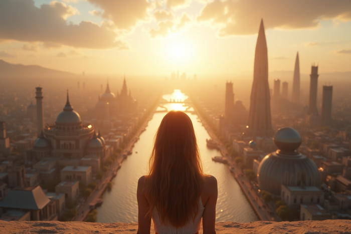 Jeune femme devant un paysage entre ville ancienne et skyline futuriste