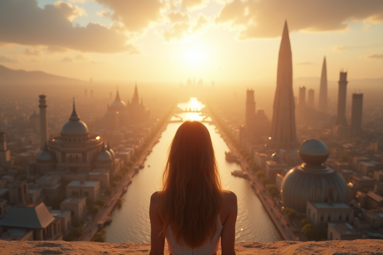 Jeune femme devant un paysage entre ville ancienne et skyline futuriste