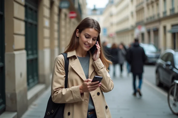 Jeune femme dans la rue gérant des appels manqués sur deux smartphones simultanément