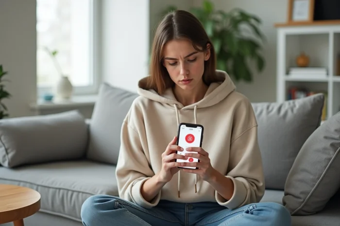 Jeune femme sur son canapé consultant son smartphone pour débloquer son adresse mail Wanadoo