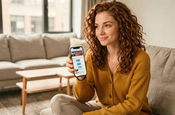 Jeune femme explorant le plan de site Mobiles Infos sur son smartphone dans son salon