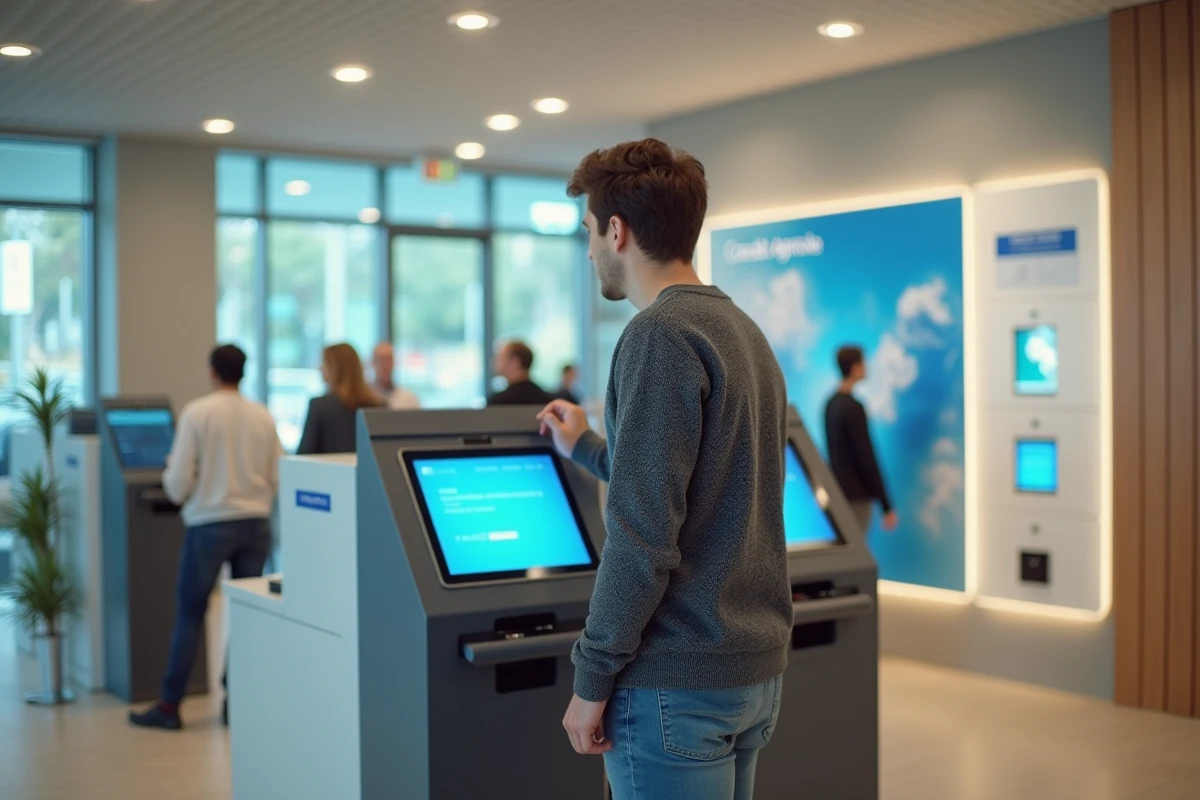 Jeune homme au terminal bancaire dans une agence