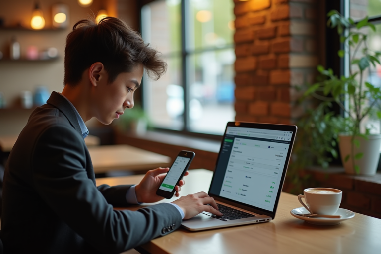 Jeune professionnel utilisant un ordinateur et smartphone pour banque