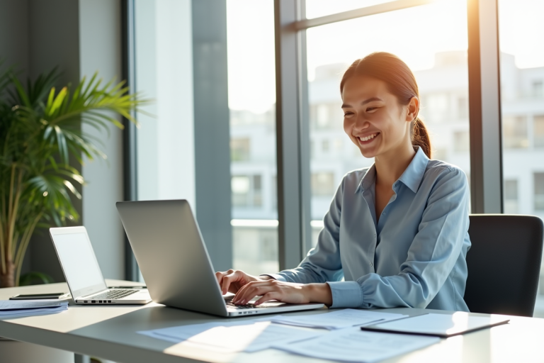Jeune professionnel utilisant un ordinateur dans un bureau lumineux
