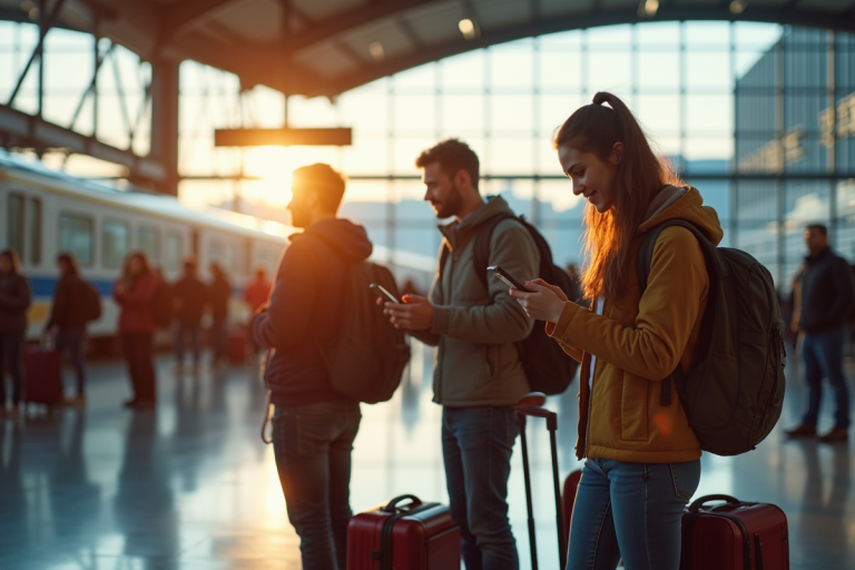 Jeunes voyageurs vérifiant leurs téléphones à la gare