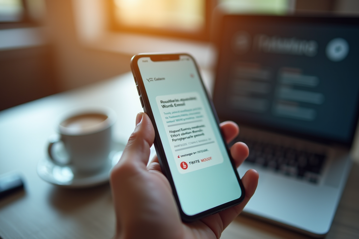 Main tenant un smartphone avec un email de phishing suspect