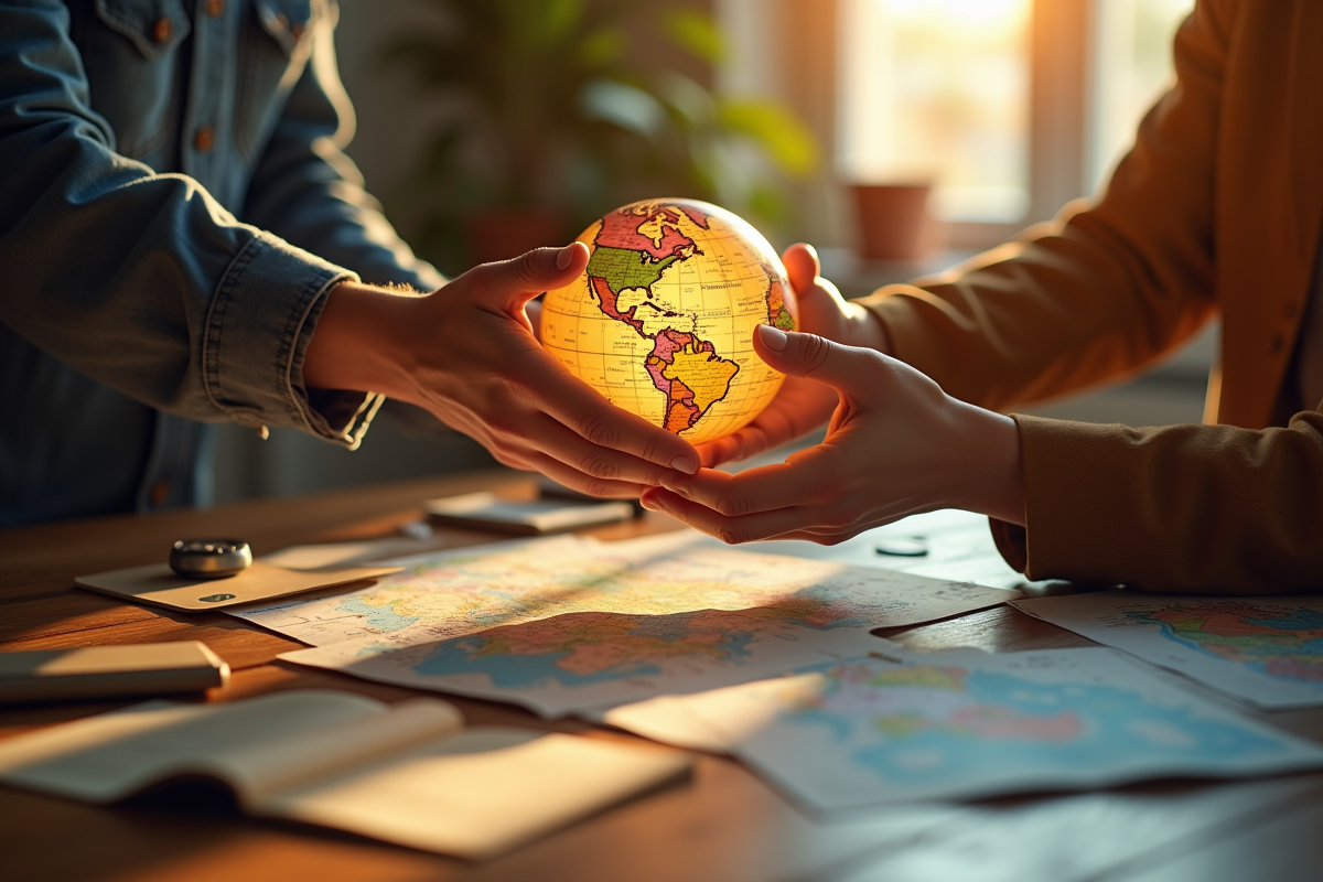 Mains échangeant un globe lumineux entre deux personnes de cultures différentes