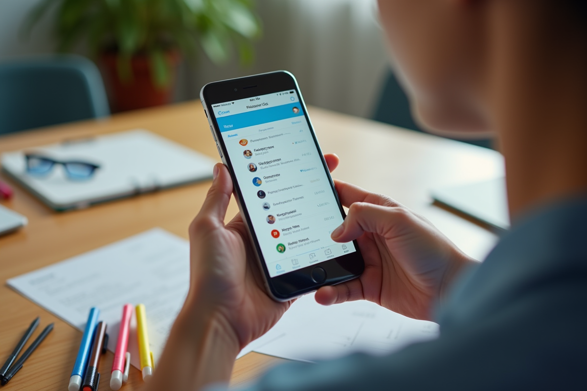 Mains tenant un smartphone avec une boîte mail organisée