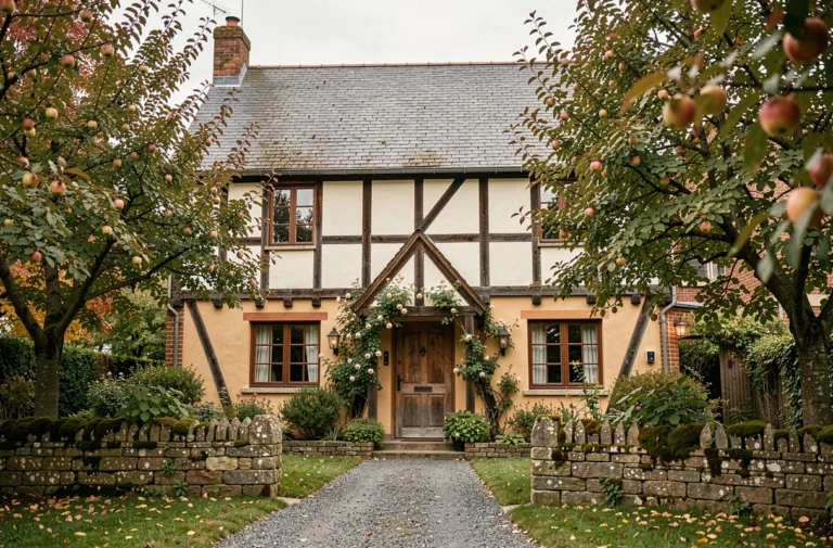 Façade d'une maison d'hôtes normande à colombages entourée de pommiers et d'un jardin fleuri en automne