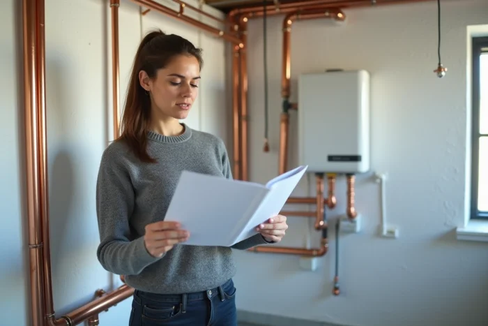 Propriétaire consultant le manuel d'installation d'une pompe à chaleur air-eau dans une chaufferie domestique