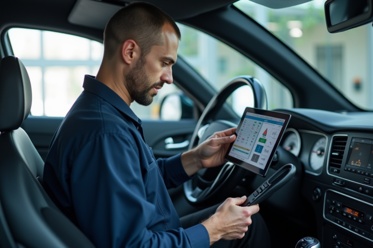 Mecanicien utilisant une tablette dans un garage moderne