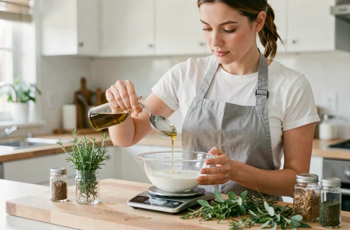 Femme utilisant une cuillère à soupe pour mesurer de l'huile d'olive dans une cuisine moderne, démontrant l'usage pratique de la contenance d'une cuillère au quotidien