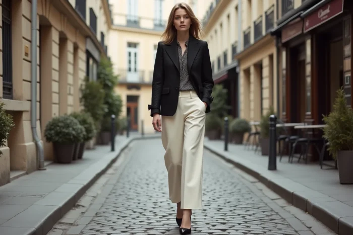 Jeune femme en tenue contemporaine inspirée des codes Chanel marchant dans les rues du Marais à Paris
