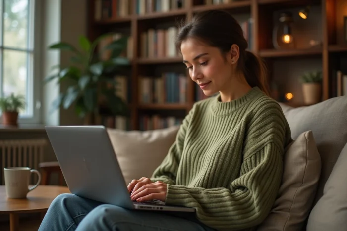Jeune femme naviguant sur un plan de site web sur son ordinateur portable dans un salon cosy