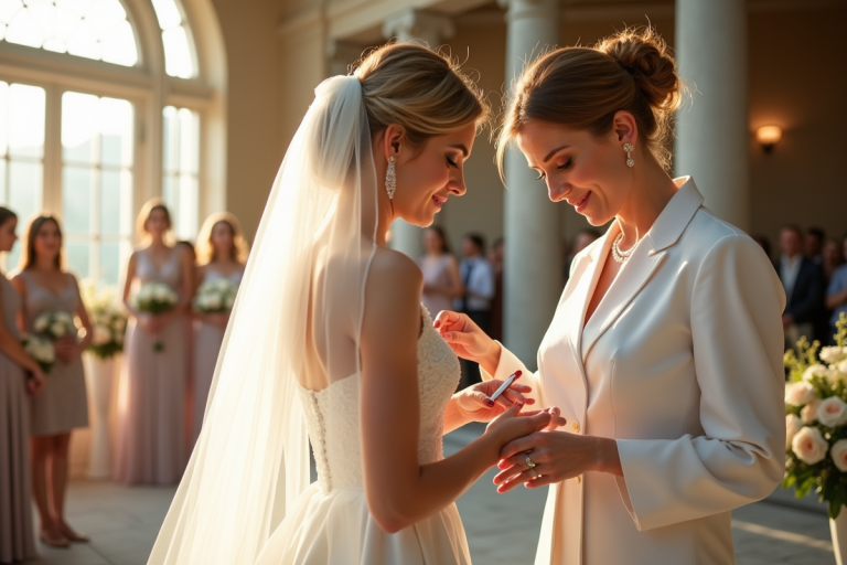 Organisateur de mariage ajustant le voile de la mariée dans une salle lumineuse