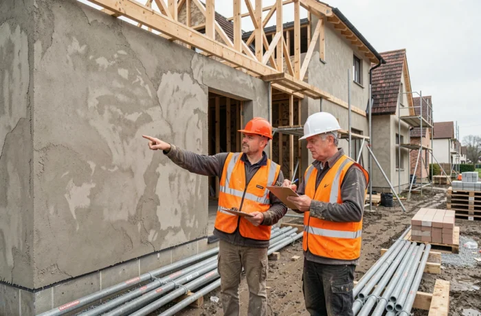 Deux ouvriers du bâtiment supervisant les travaux de construction d'une maison en rénovation