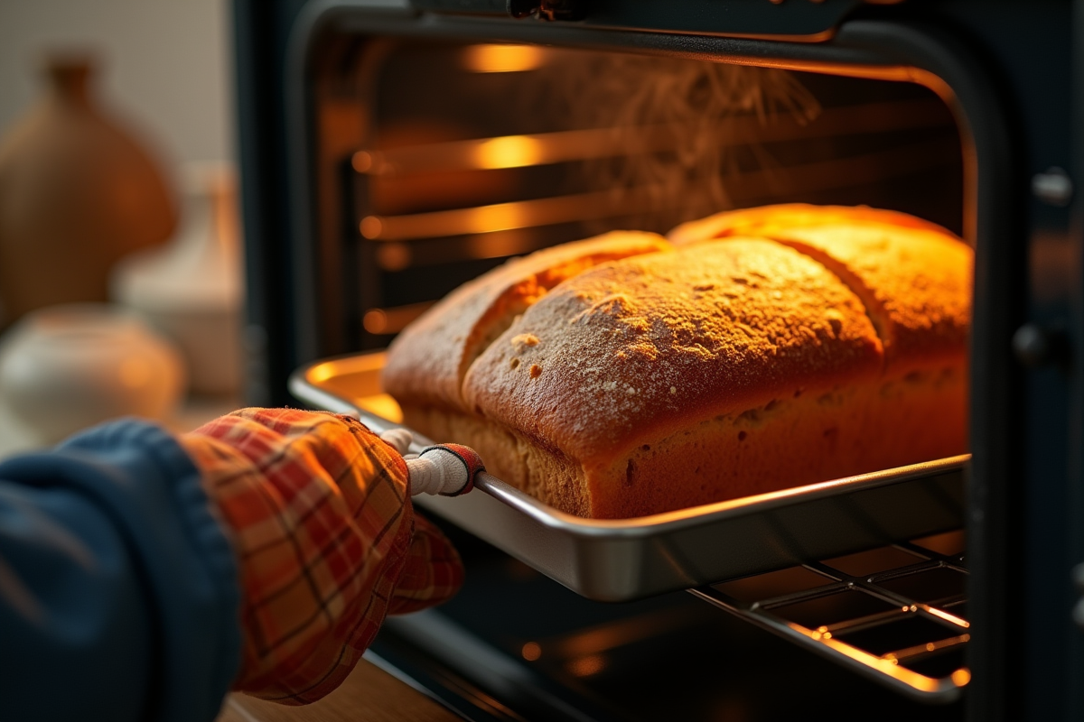 Pain doré sortant du four avec vapeur dans une cuisine accueillante