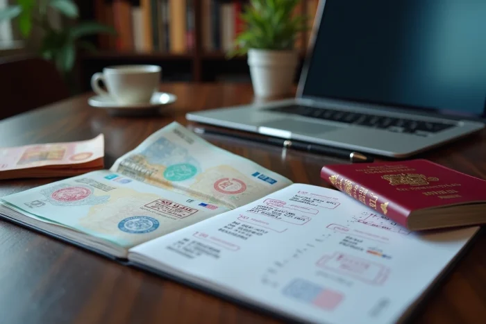 Passeport ouvert avec tampons de visa, billets de banque et reçu de frais de visa élevés sur un bureau
