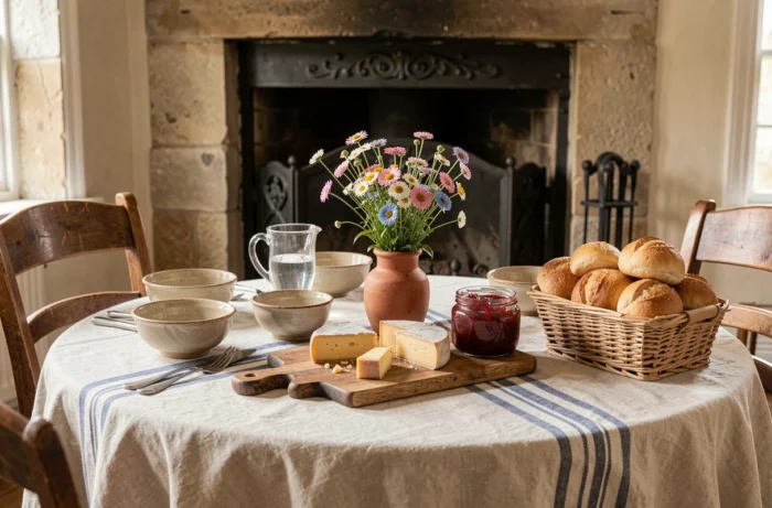 Table du petit-déjeuner dans une maison d'hôtes normande avec produits locaux, fromages et pain artisanal
