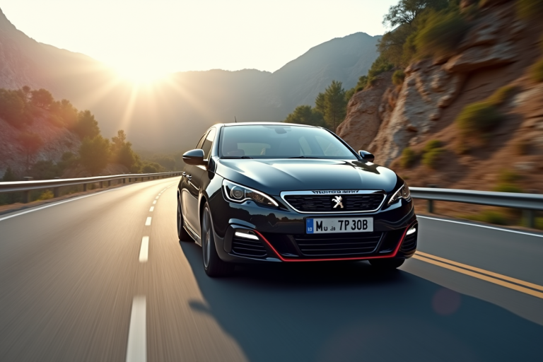 Peugeot 308 Gti en conduite sur une route de montagne ensoleillee