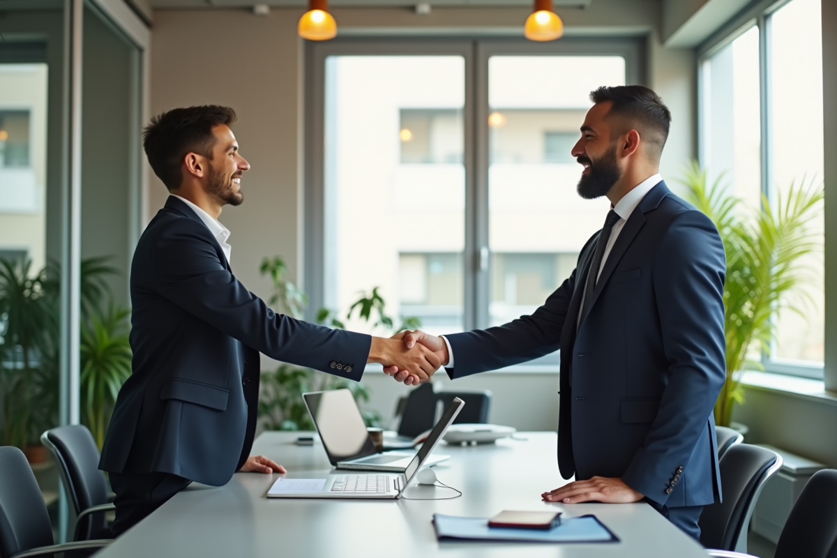 Manager et employe se serrant la main dans un bureau lumineux et accueillant
