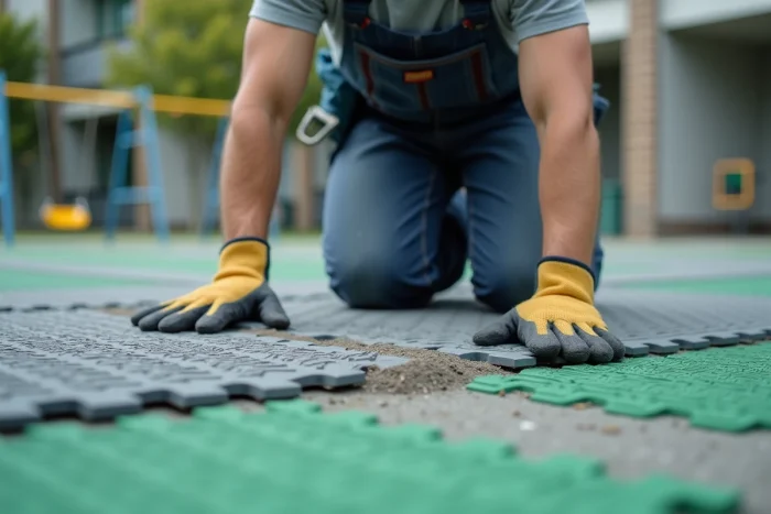 Installateur posant des dalles de caoutchouc modulaires antidérapantes sur une aire de jeux scolaire extérieure