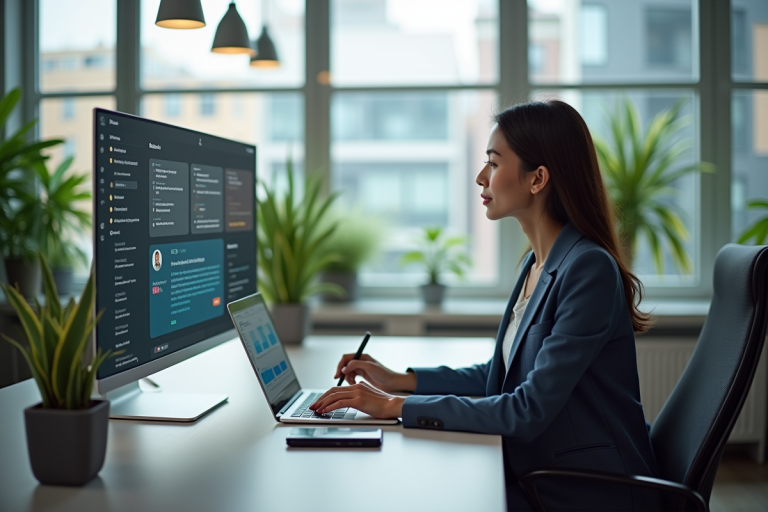 Professionnel au bureau avec écrans e-learning lumineux
