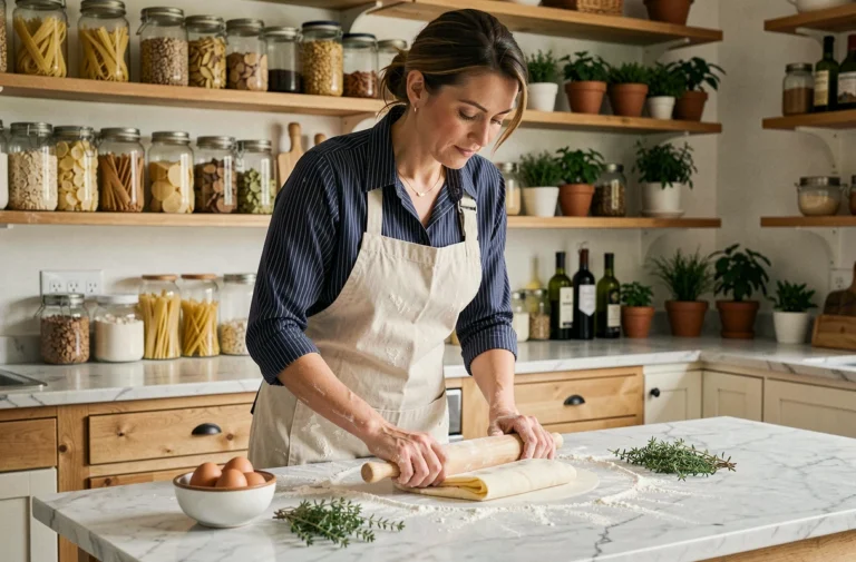Femme préparant des pâtes fraîches maison sur un plan de travail en marbre dans une cuisine familiale authentique
