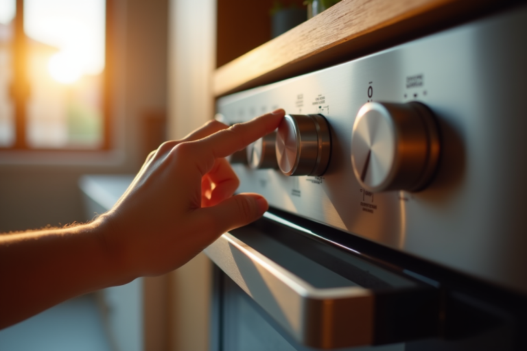 Personne ajustant le thermostat d'un four moderne dans une cuisine chaleureuse