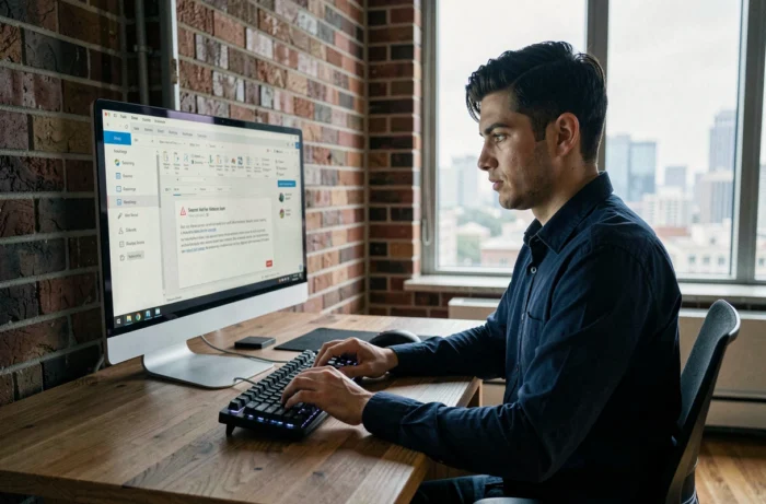 Jeune homme réparant un problème de webmail Numericable sur un ordinateur de bureau dans un appartement moderne