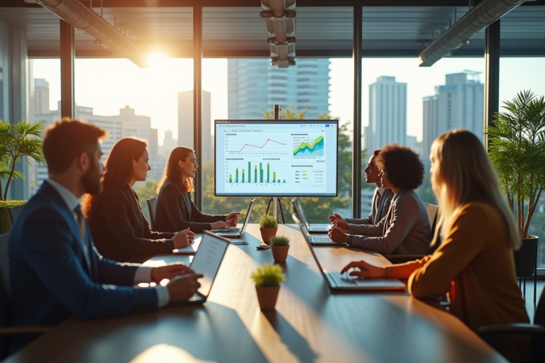 Réunion d'agents immobiliers dans un bureau lumineux avec tableau digital