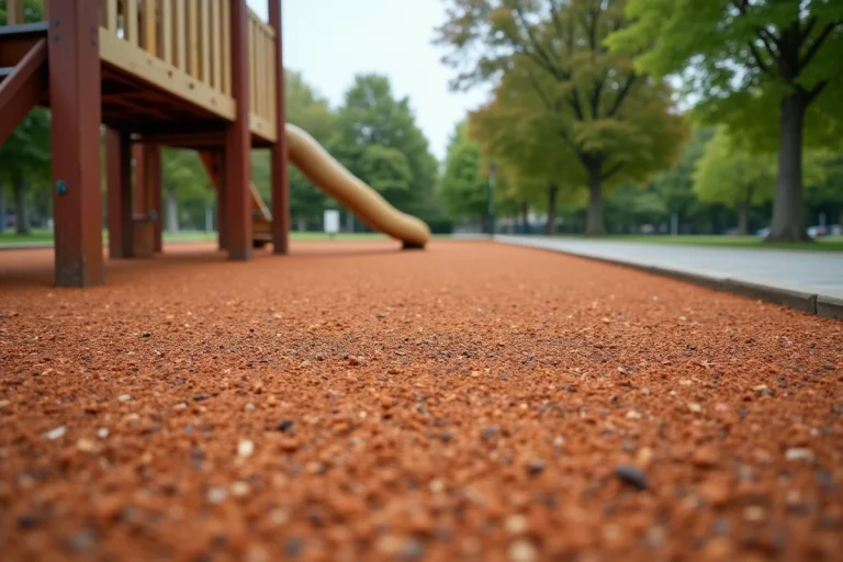 Revêtement en copeaux de caoutchouc colorés autour d'une structure de jeux extérieure en bois dans un parc public