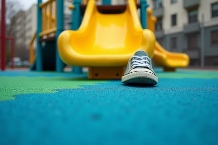 Gros plan sur un revêtement souple coulé en place coloré sous un toboggan dans une aire de jeux urbaine