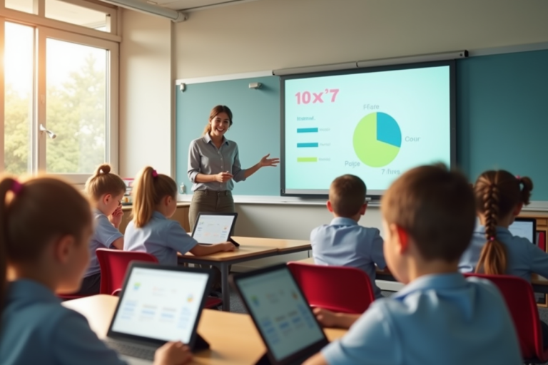 Salle de classe moderne avec enfants utilisant des tablettes et un professeur souriant