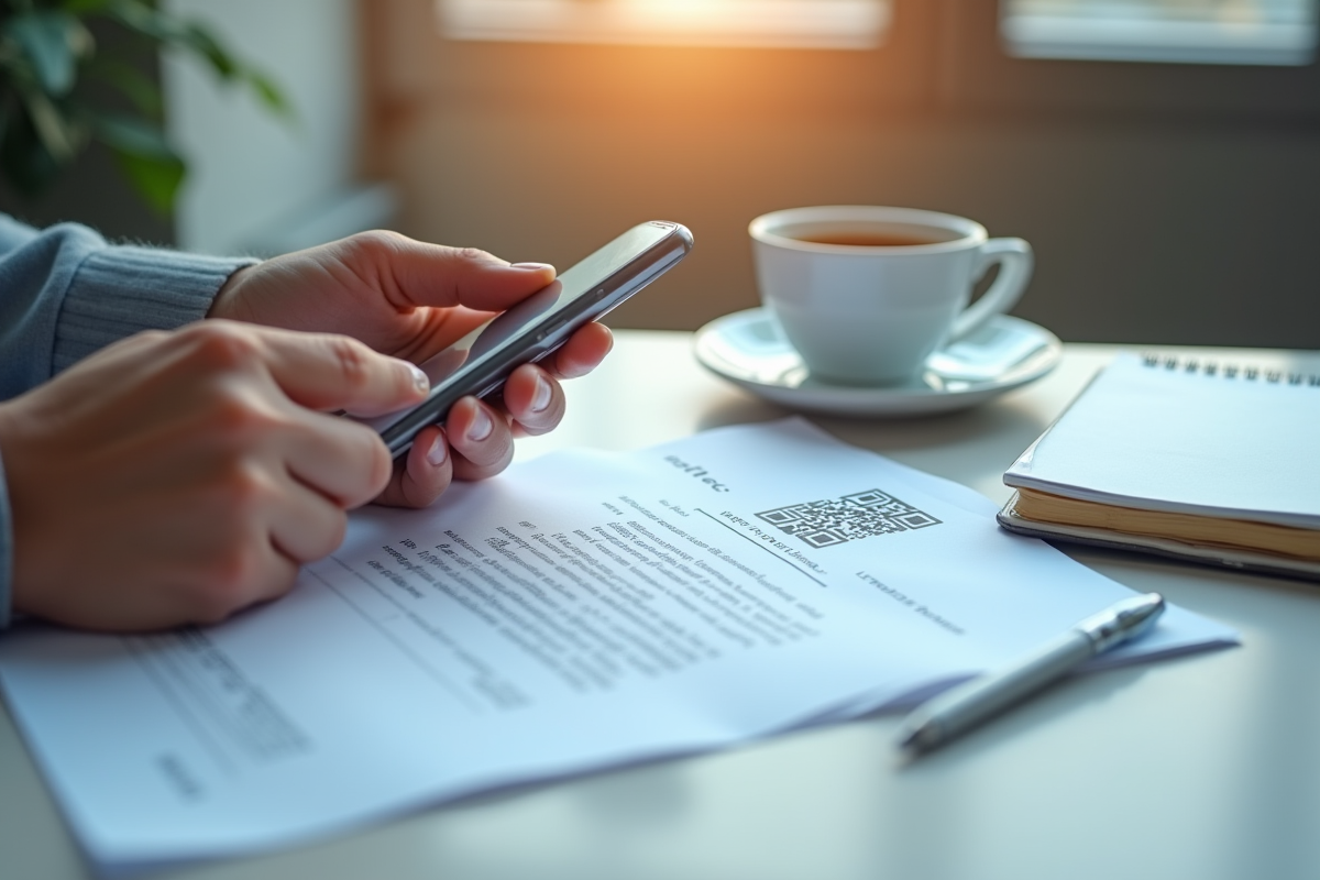 Mains scannant un code QR sur une lettre officielle avec café