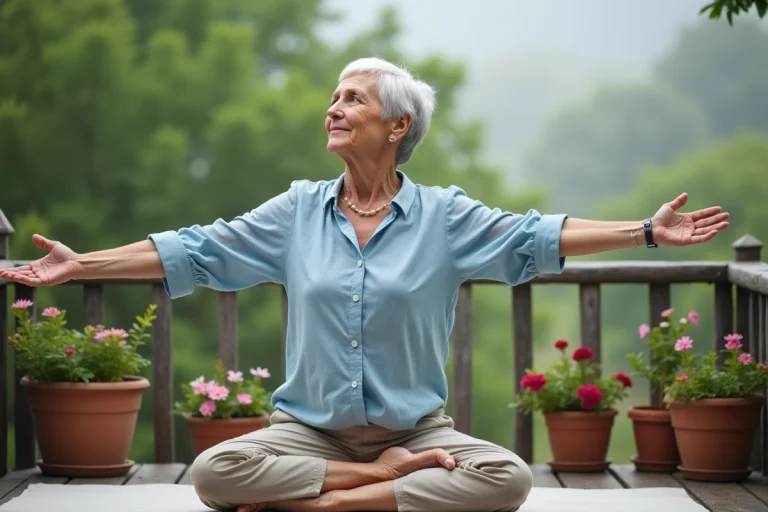 Senior femme pratiquant le yoga en plein air sur une terrasse en bois entourée de verdure pour prendre soin de sa santé au quotidien