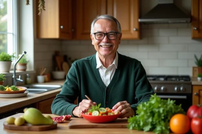Senior homme préparant un bol de fruits et légumes frais dans une cuisine chaleureuse pour une alimentation saine adaptée aux personnes âgées