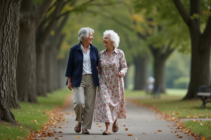 Deux femmes seniors marchant ensemble dans un parc arboré en discutant, illustrant l'importance du lien social et de l'activité physique pour le bien-être des personnes âgées
