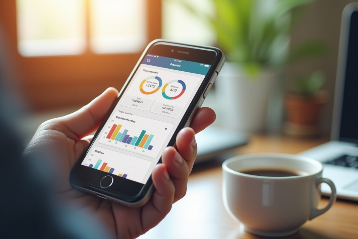 Smartphone avec application immobilière dans intérieur cosy en journée