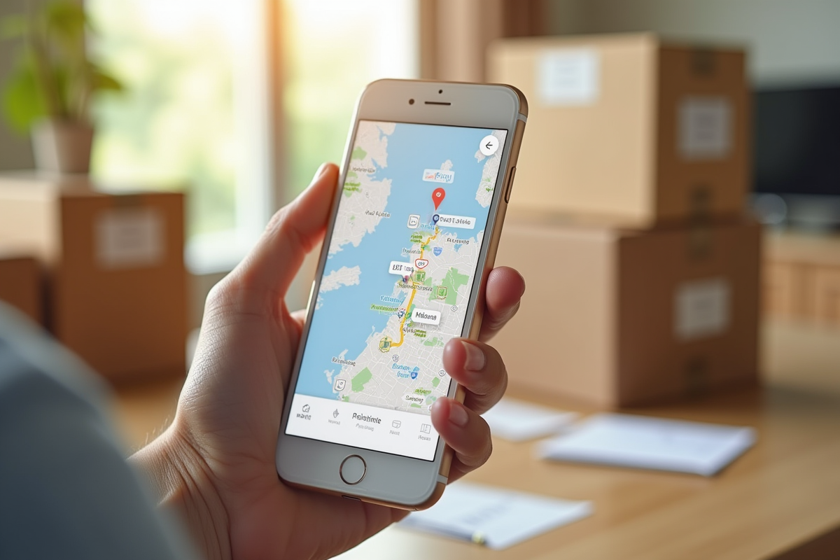 Main tenant un smartphone avec carte de suivi de colis sur fond de bureau lumineux