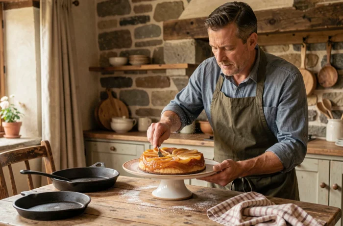 Homme présentant une tarte tatin maison sur un socle en céramique dans une cuisine rustique en pierre