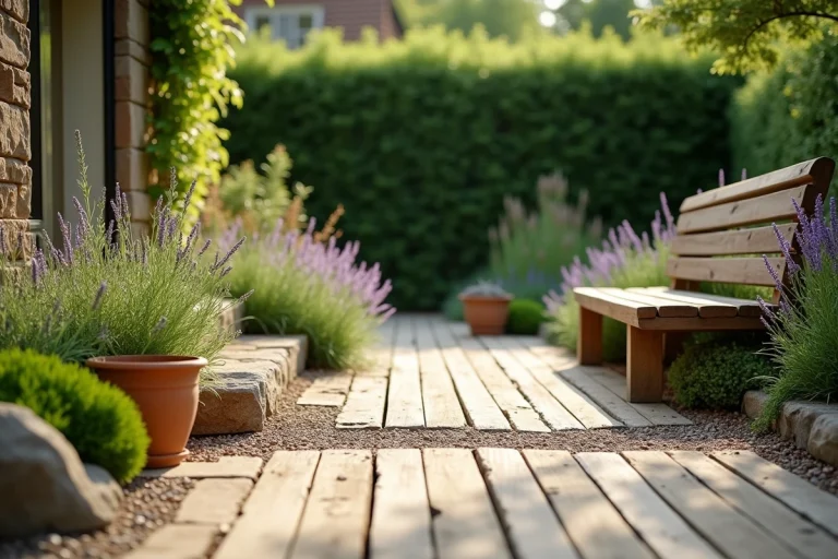 Terrasse en bois naturel avec plantes méditerranéennes et bordures en pierre pour un aménagement extérieur harmonieux