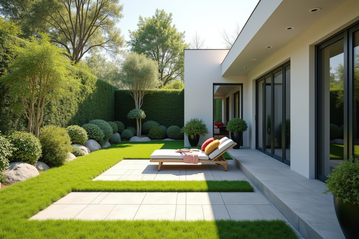 Terrasse minimaliste avec pelouse verte et mobilier élégant
