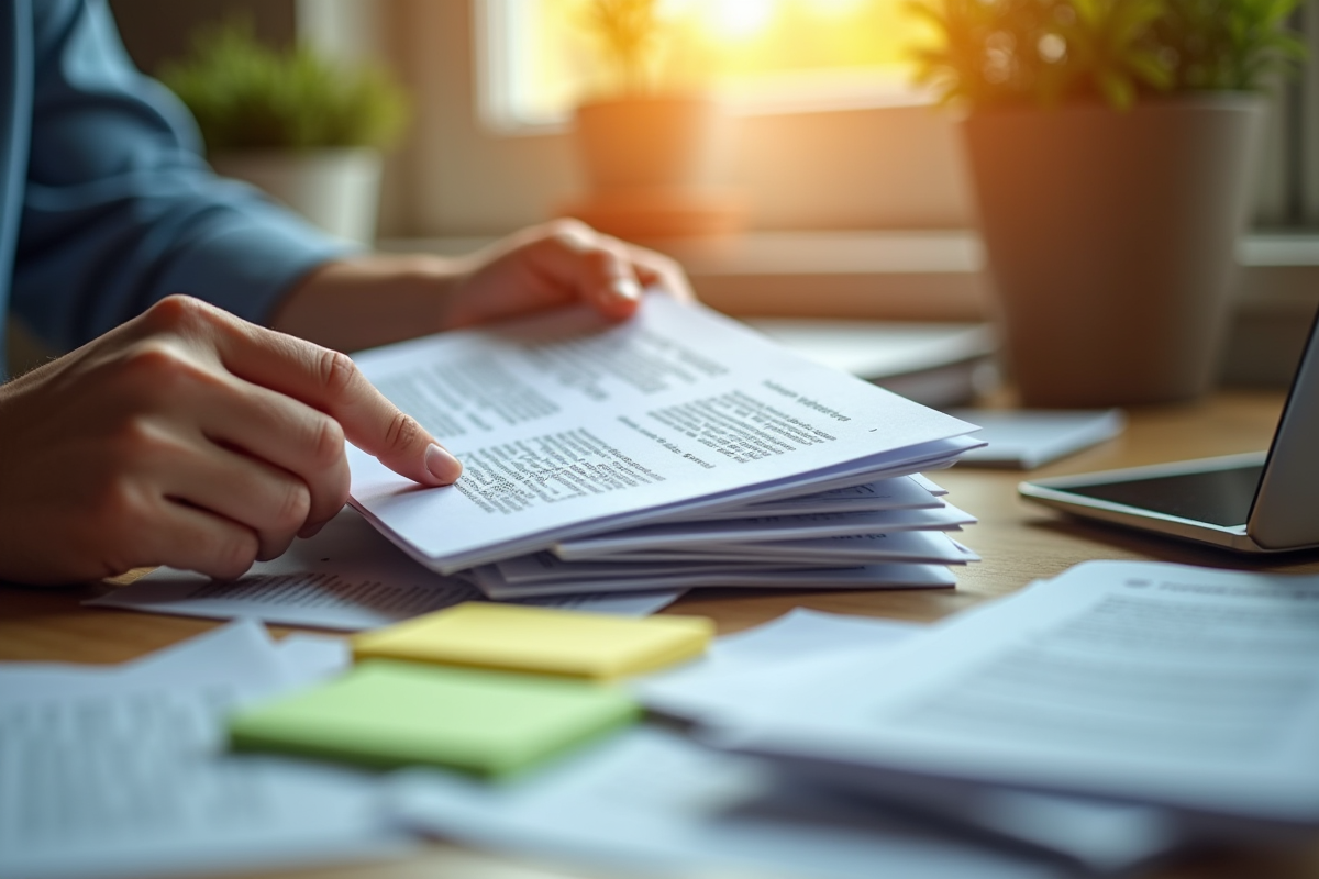 Mains triant emails imprimés et tablette dans un espace organisé