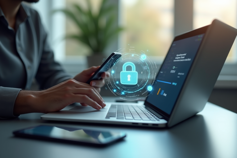 Personne utilisant un ordinateur et smartphone avec verrou digital pour la securite en ligne