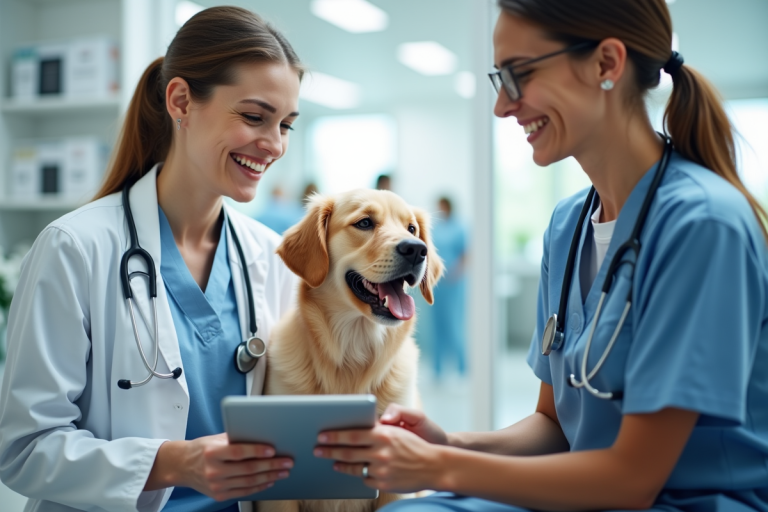 Vétérinaire souriante utilisant une tablette dans une clinique moderne