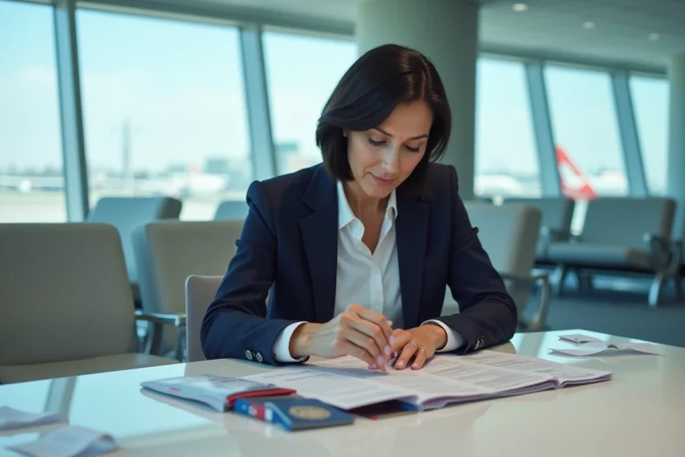 Femme examinant des passeports et des visas coûteux dans un salon d'aéroport international